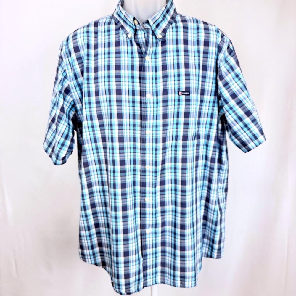 Chaps Plaid Button Down Shirt Blue Aqua Easy Care Mens XL Cotton Blend Pocket